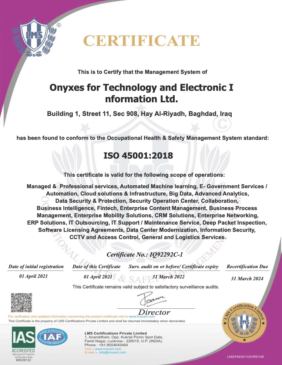 We Are ISO 45001 2018 Onyxes Technologies We Are ISO 45001 2018 Onyxes Technologies